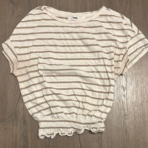 Women's Striped Short Sleeve Top - Cream and Brown